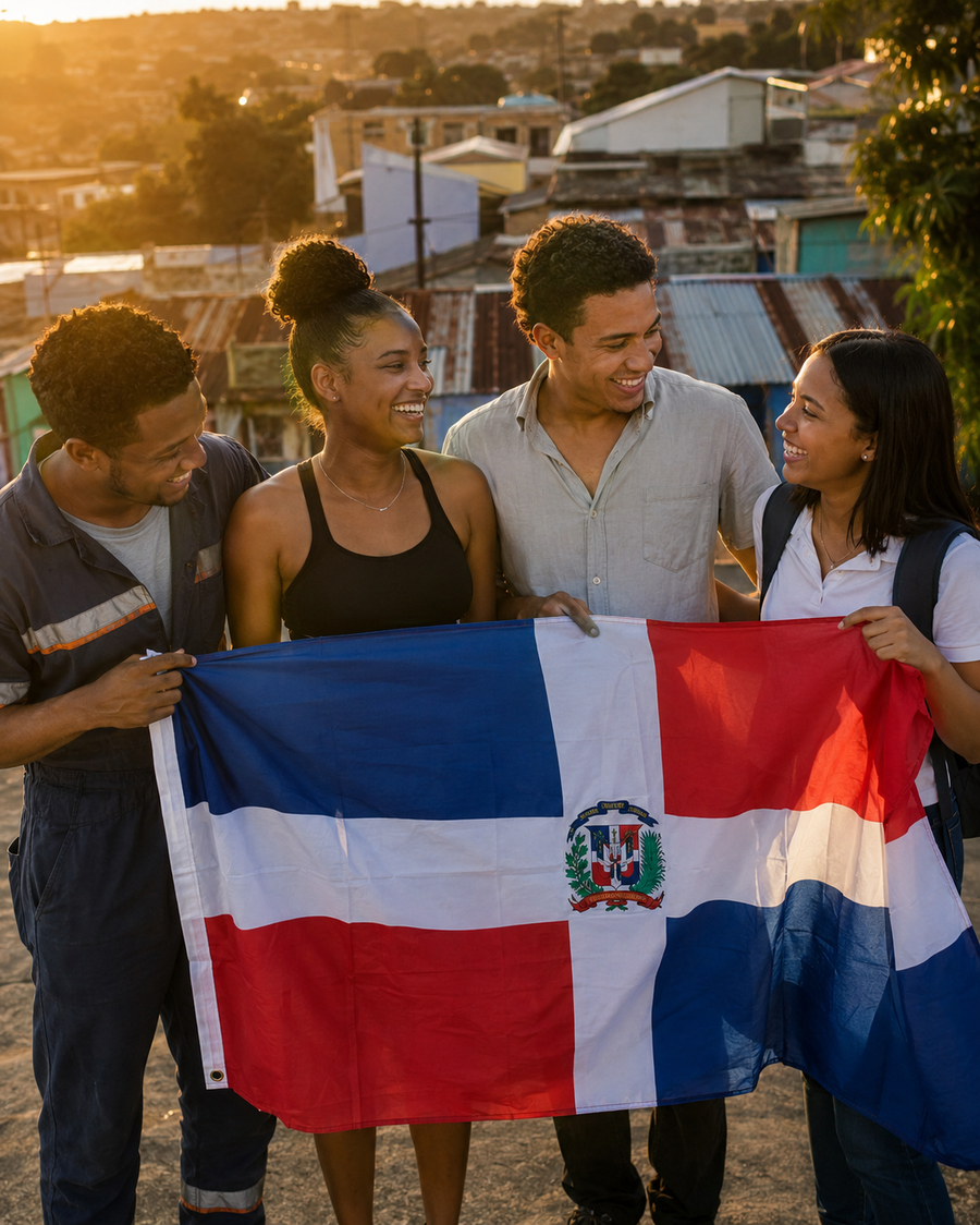 Jóvenes dominicanos con la bandera nacional